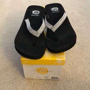 Yellow box sequined flip flops